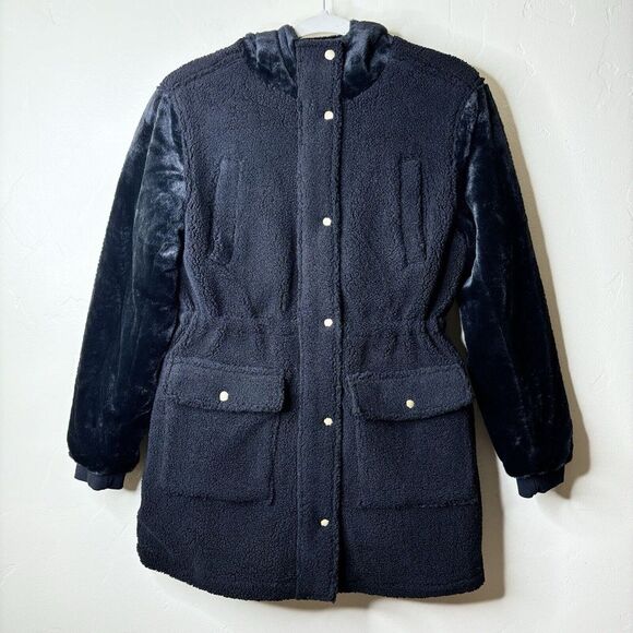 Eden Society Coat Sz S Black Sherpa Faux Fur Hood/Arms Utility Cargo Cinch Waist - Picture 1 of 10